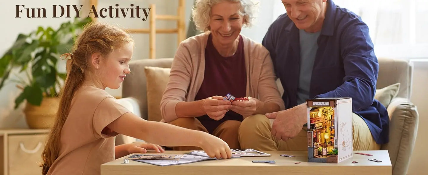 Robotime Sakura Wine Alley DIY Booknook with Lights DIY Miniature Dolls House Kit 3D Wooden Puzzle Bookend Bookshelf Decor Gift