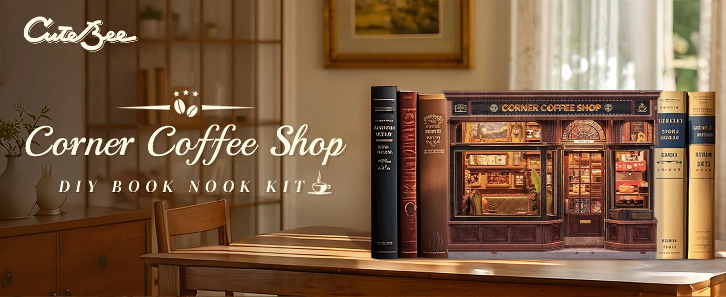 CUTEBEE Book Nook Kit DIY Doll House with LED Light Bookshelf Insert CORNER COFFEE SHOP Miniature Model For Birthday Family Gift