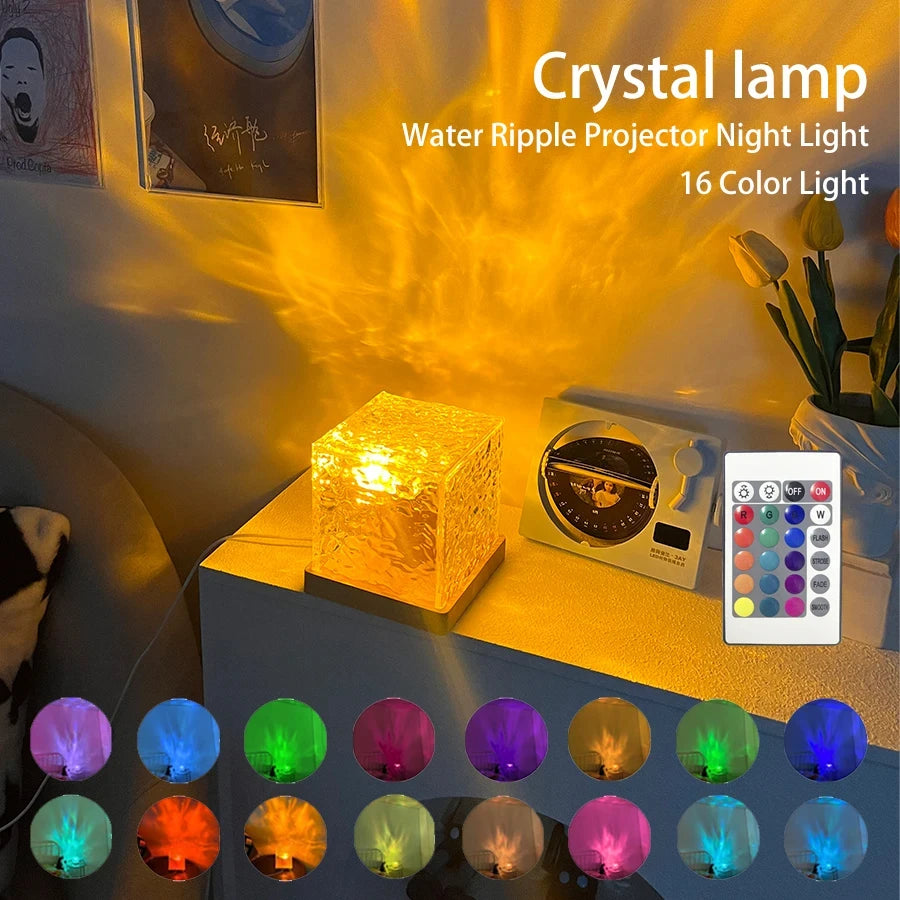 3/16 Colors Dynamic Rotating Water Ripple Projector Night Light Flame Crystal Lamp for Living Room Study Bedroom Rotating Light