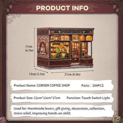 CUTEBEE Book Nook Kit DIY Doll House with LED Light Bookshelf Insert CORNER COFFEE SHOP Miniature Model For Birthday Family Gift