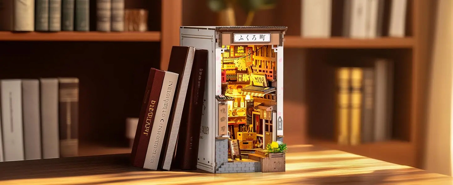 Robotime Sakura Wine Alley DIY Booknook with Lights DIY Miniature Dolls House Kit 3D Wooden Puzzle Bookend Bookshelf Decor Gift