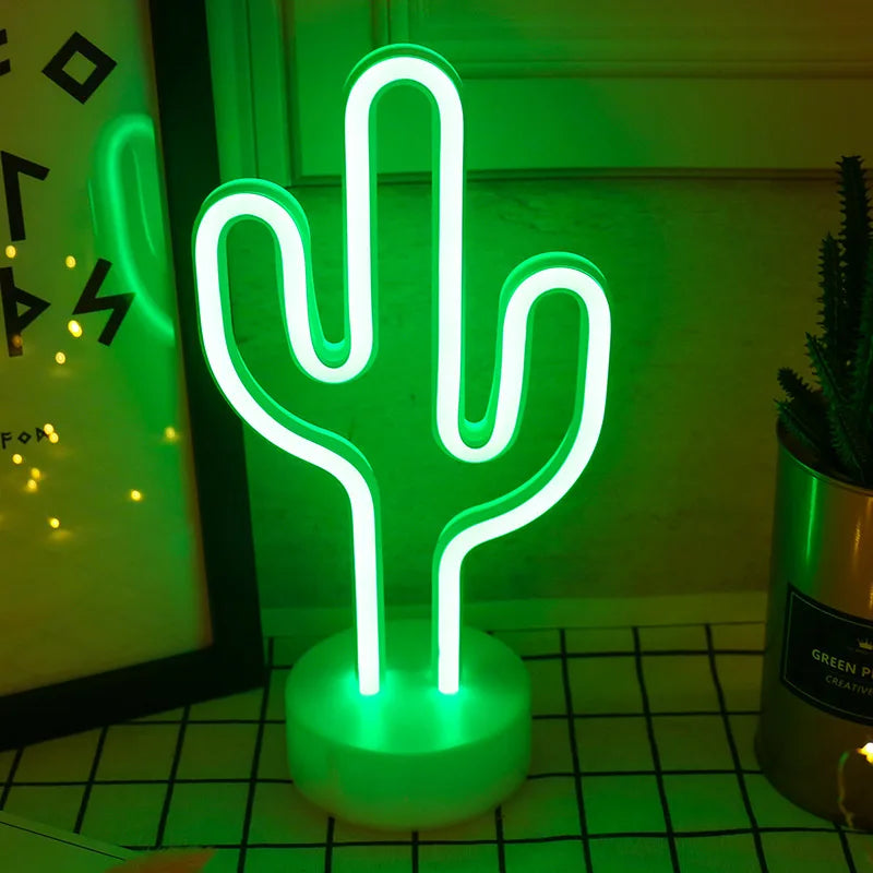 1pc Green LED Cactus Neon Light With Base Decorative Bedroom Light Desktop Night Lamp Suitable For Wedding Birthday Party Decor