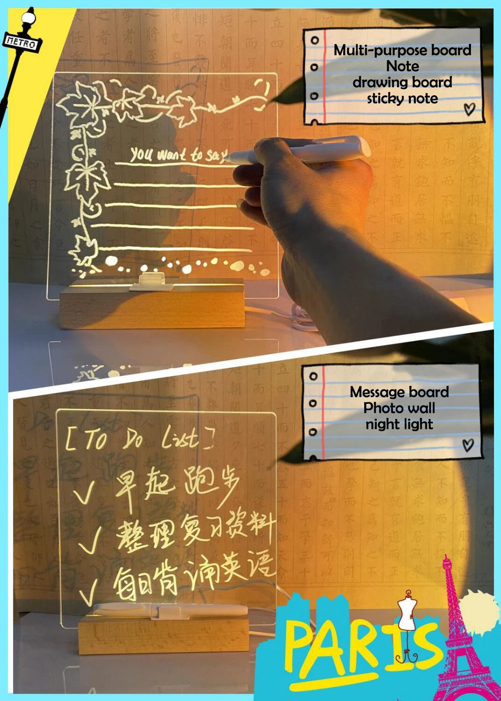 LED Note Board With Night Light Colorful 7 Pens DIY Acrylic Message Board Children‘s Drawing Board For Kids Birthday Gift