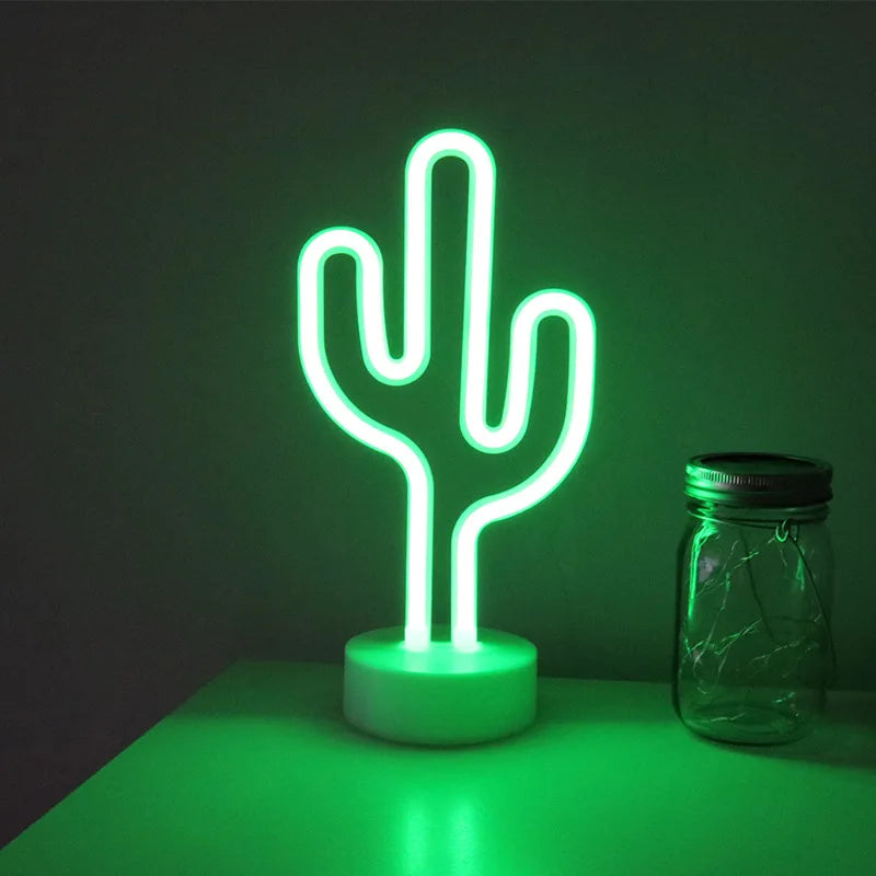 1pc Green LED Cactus Neon Light With Base Decorative Bedroom Light Desktop Night Lamp Suitable For Wedding Birthday Party Decor