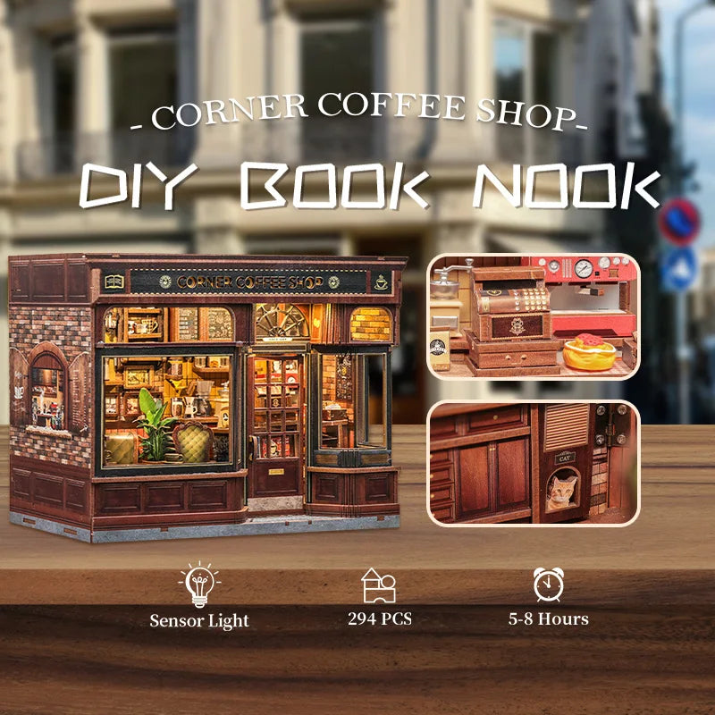 CUTEBEE Book Nook Kit DIY Doll House with LED Light Bookshelf Insert CORNER COFFEE SHOP Miniature Model For Birthday Family Gift