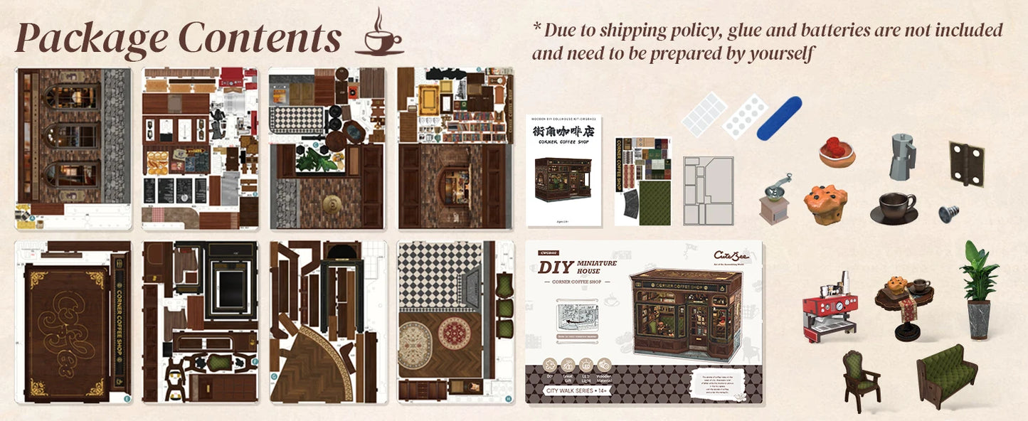 CUTEBEE Book Nook Kit DIY Doll House with LED Light Bookshelf Insert CORNER COFFEE SHOP Miniature Model For Birthday Family Gift