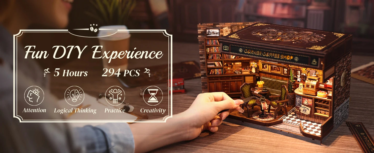 CUTEBEE Book Nook Kit DIY Doll House with LED Light Bookshelf Insert CORNER COFFEE SHOP Miniature Model For Birthday Family Gift