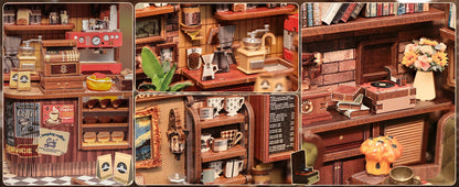 CUTEBEE Book Nook Kit DIY Doll House with LED Light Bookshelf Insert CORNER COFFEE SHOP Miniature Model For Birthday Family Gift