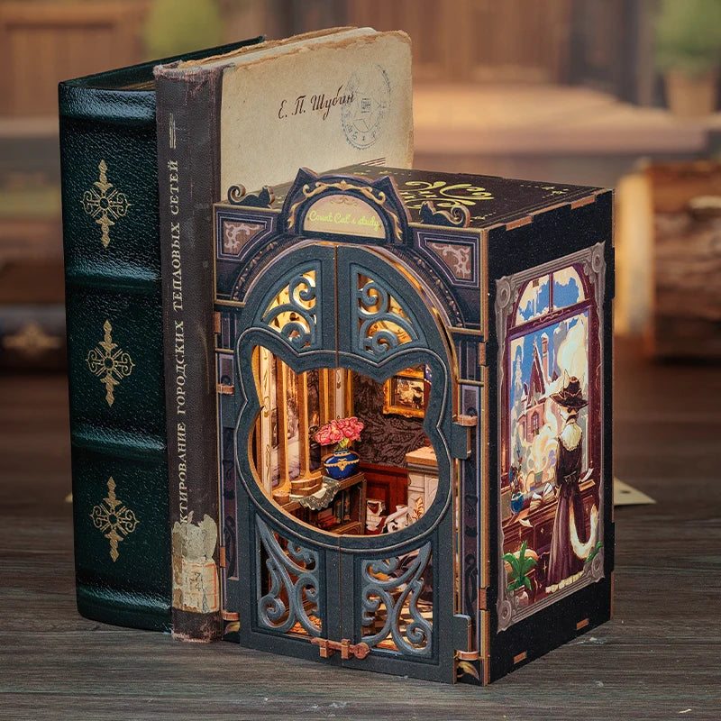 CUTEBEE DIY Book Nook Miniature Wooden Dollhouse with Lights Bookshelf Insert 3D Puzzle Decor Model for Gifts Count Cat's Study