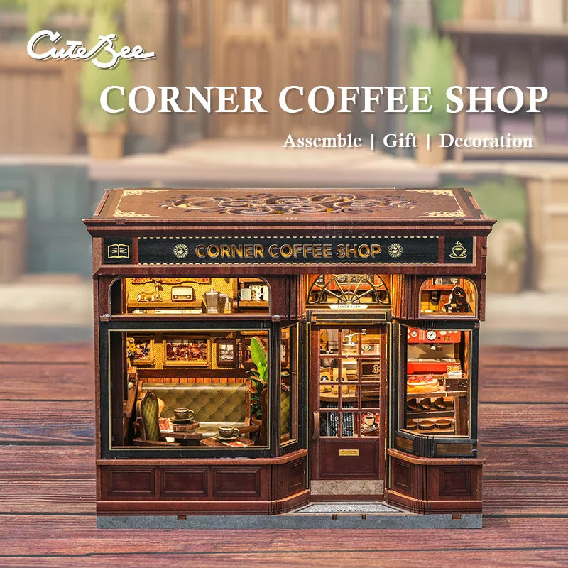 CUTEBEE Book Nook Kit DIY Doll House with LED Light Bookshelf Insert CORNER COFFEE SHOP Miniature Model For Birthday Family Gift
