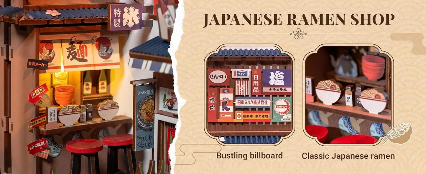 Robotime Sakura Wine Alley DIY Booknook with Lights DIY Miniature Dolls House Kit 3D Wooden Puzzle Bookend Bookshelf Decor Gift