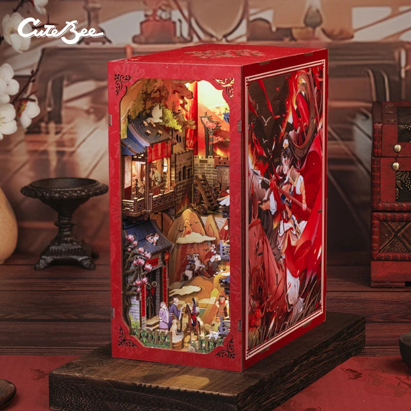 CUTEBEE Chinese Style Book Nook Wooden Dollhouse with Light Dust Cover DIY Bookshelf Insert Decor for Gift the Legend of Mulan