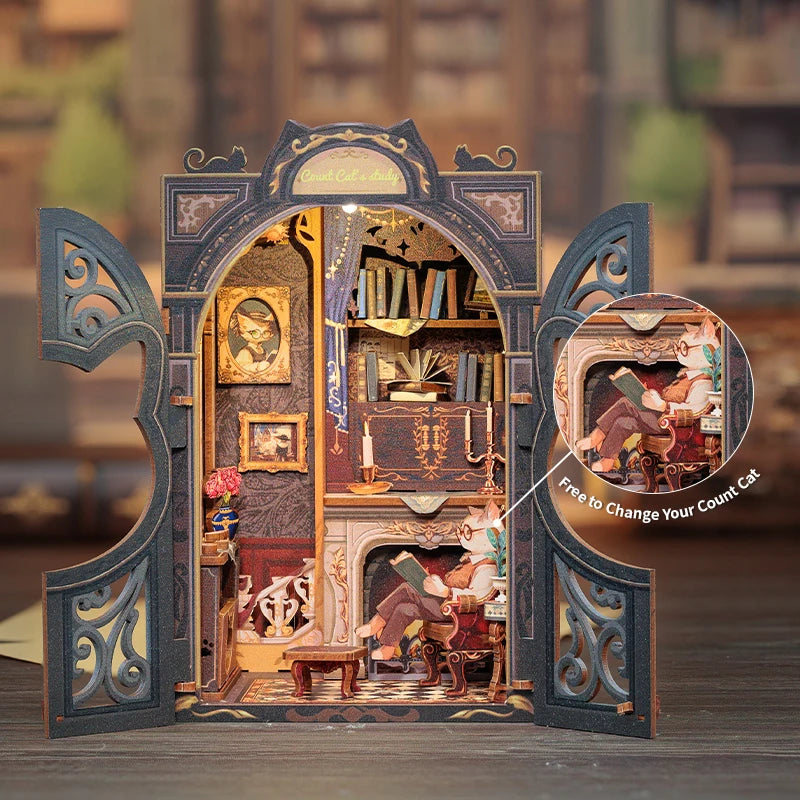 CUTEBEE DIY Book Nook Miniature Wooden Dollhouse with Lights Bookshelf Insert 3D Puzzle Decor Model for Gifts Count Cat's Study