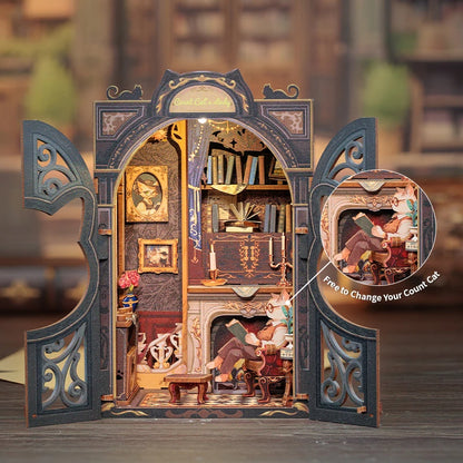 CUTEBEE DIY Book Nook Miniature Wooden Dollhouse with Lights Bookshelf Insert 3D Puzzle Decor Model for Gifts Count Cat's Study