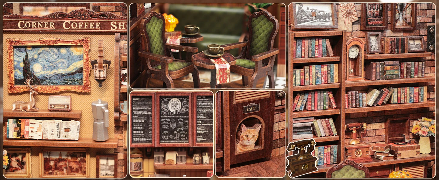 CUTEBEE Book Nook Kit DIY Doll House with LED Light Bookshelf Insert CORNER COFFEE SHOP Miniature Model For Birthday Family Gift