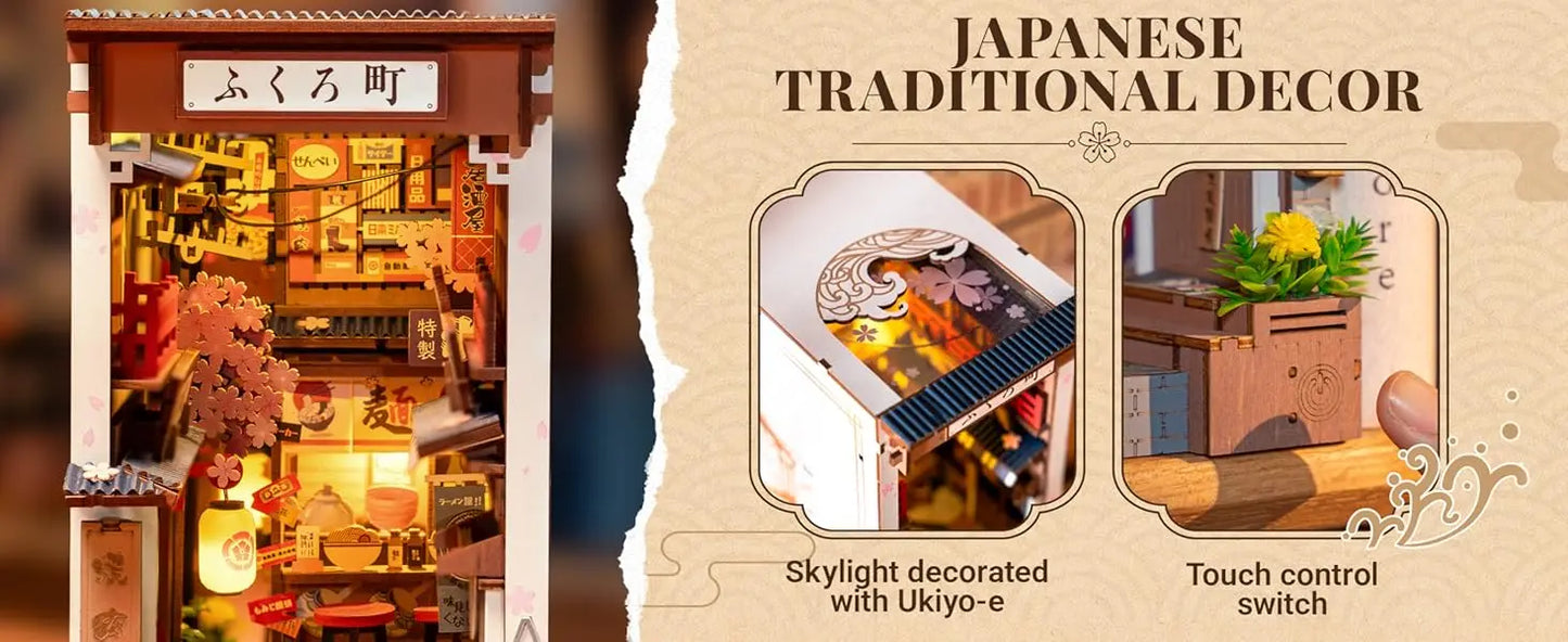 Robotime Sakura Wine Alley DIY Booknook with Lights DIY Miniature Dolls House Kit 3D Wooden Puzzle Bookend Bookshelf Decor Gift