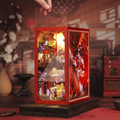 CUTEBEE Chinese Style Book Nook Wooden Dollhouse with Light Dust Cover DIY Bookshelf Insert Decor for Gift the Legend of Mulan