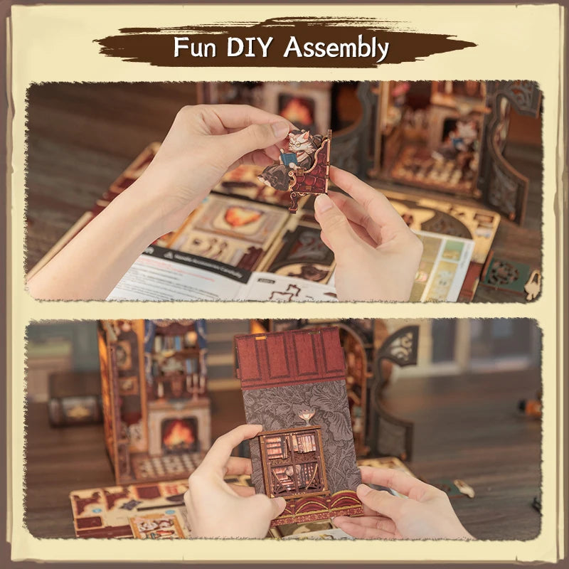 CUTEBEE DIY Book Nook Miniature Wooden Dollhouse with Lights Bookshelf Insert 3D Puzzle Decor Model for Gifts Count Cat's Study
