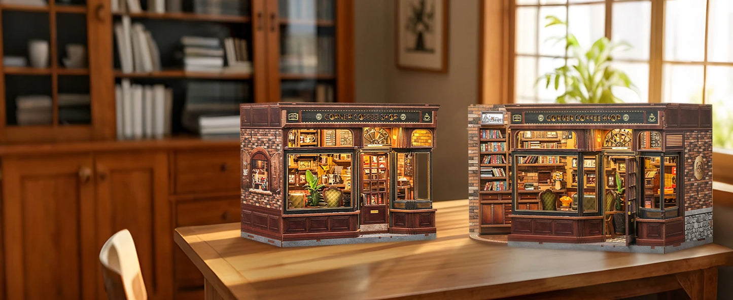 CUTEBEE Book Nook Kit DIY Doll House with LED Light Bookshelf Insert CORNER COFFEE SHOP Miniature Model For Birthday Family Gift